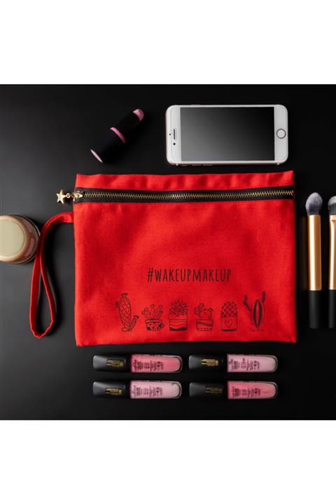 Hediyesepeti Kırmızı Renk Retro Kaktüs Tasarımlı Kanvas Makyaj Çantası