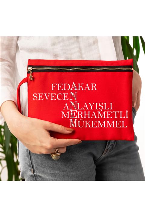 Hediyesepeti Anne Tanımı Anneler Günü Hediyesi Kırmızı Renk Kanvas Makyaj Çantası