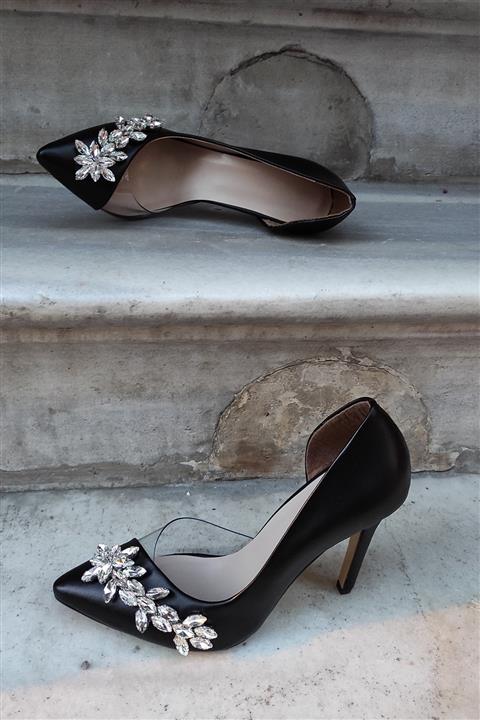 LA CALZATURE Kadın Siyah Topuklu Stiletto Şeffaf Taşlı Ayakkabı  11cm