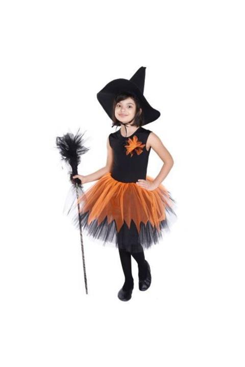 Mashotrend Siyah Şapkalı Süpürgeli Cadı Kostümü - Halloween Bayramı - Cadılar Bayramı Kostümü