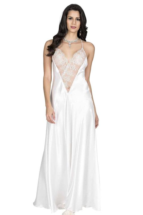 Tarzınbu Saten Gecelik Dantel Göbek Dekolteli Ekru Tml-9666