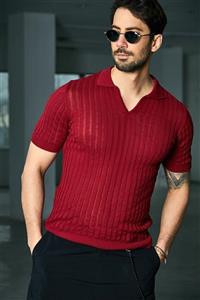 Sateen Men Erkek Bordo Polo Yaka Fitilli Kısa Kol Triko