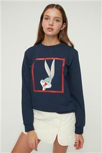 TRENDYOLMİLLA Lacivert Bugs Bunny Lisanslı Baskılı Basic Kapüşonlu Örme İnce Sweatshirt TWOAW22SW0017