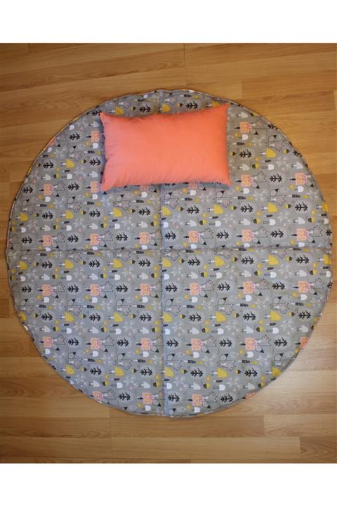 Handmade Renkli Çift Taraflı Gri Sincaplı 100cm Oyun Matı, Çok Amaçlı Yavru Ağzı Oyun Matı