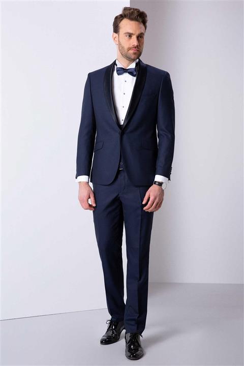 Pierre Cardin Erkek İndigo Mavi Slim Yelekli Smokin Takım