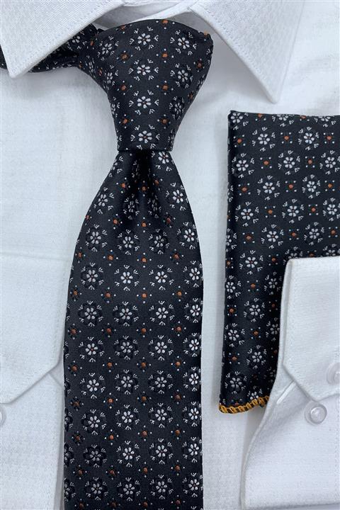 Quesste Accessory Siyah Gri Desenli Kravat Mendil Kutulu Set