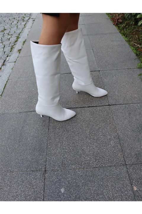Işıltılıpabuç Beyaz Cilt 5 Cm Topuklu Çizme