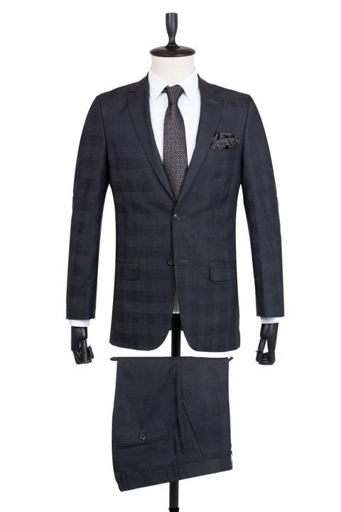 İmza Antrasit Ekose Desen Slim Fit Takım Elbise