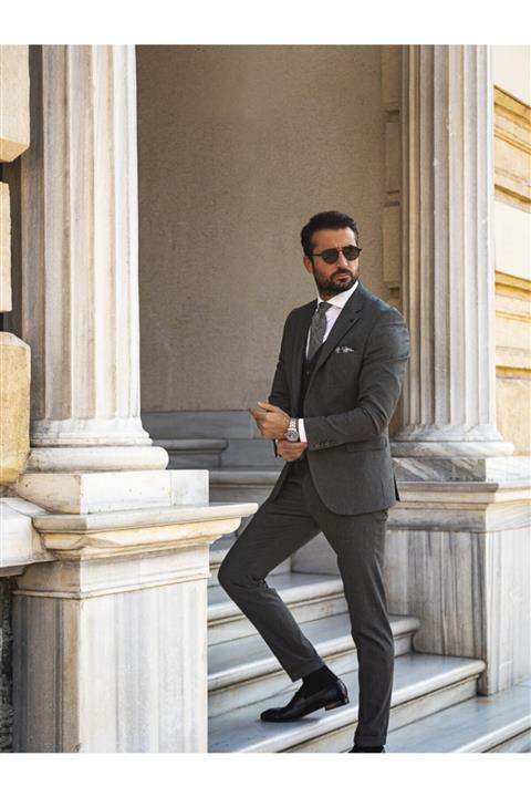 Mcr Düz Gri Çizgili Yelekli Kombin Takım Elbise