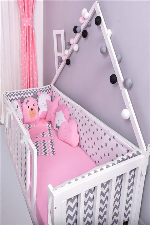 modastra Gri Pembe Yıldız ve Zigzag Desen 100x200 Beşik Kenar Koruma ve Nevresim Takımı