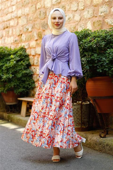 meqlife Baskılı Piliseli Etek - Turuncu