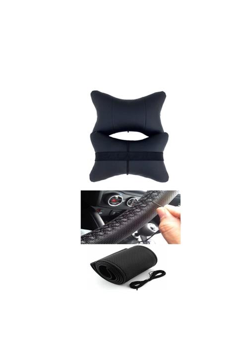 AYAZGURUP Renault R 25 Dikmeli Direksiyon Kılıfı + 2li Lüx Ortopedik Boyun Yastığı Uyumlu