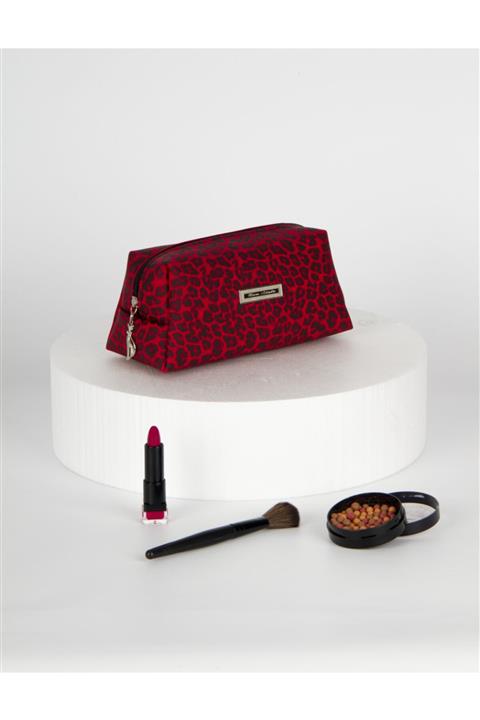 Rof Bag Kadın Kırmızı Leopar Günlük Kullanım Ve Makyaj Çantası
