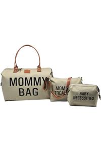 Babysi Mommy Bag Tasarım 3 lü Set Bej Baby Anne Bebek Bakım ve Kadın Çantası