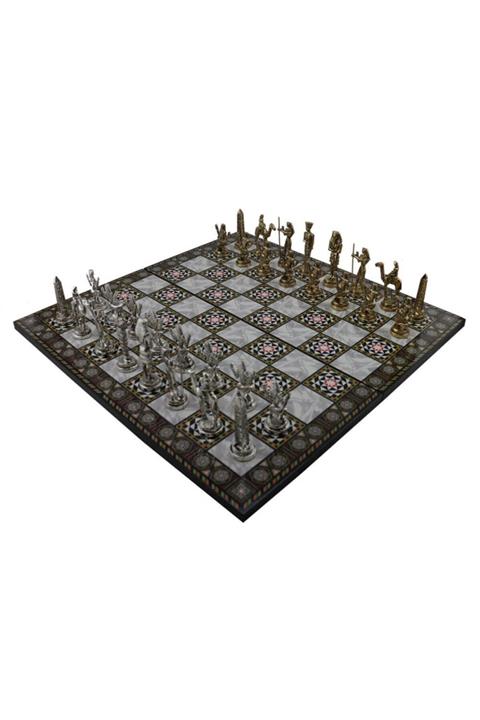 Gift Home Metal Mısır Satranç Takımı Parlak Ve Katlanır Sedef Desenli Mdf Ahşap Satranç Tahtası (43x43 Cm.)