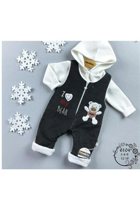 FEKRA BABY Kapşonlı Ayıcık Desenli Kışlık Bebek Tulum
