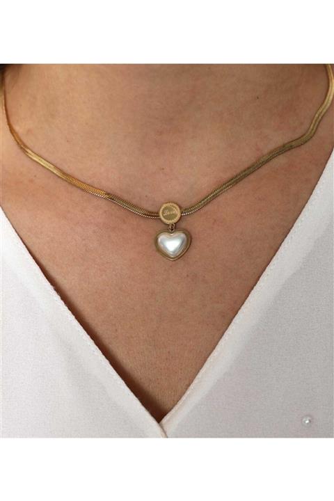 Jewel Italyan Inci Kalp Gold Altın Kaplama Çelik Kolye Kod2057