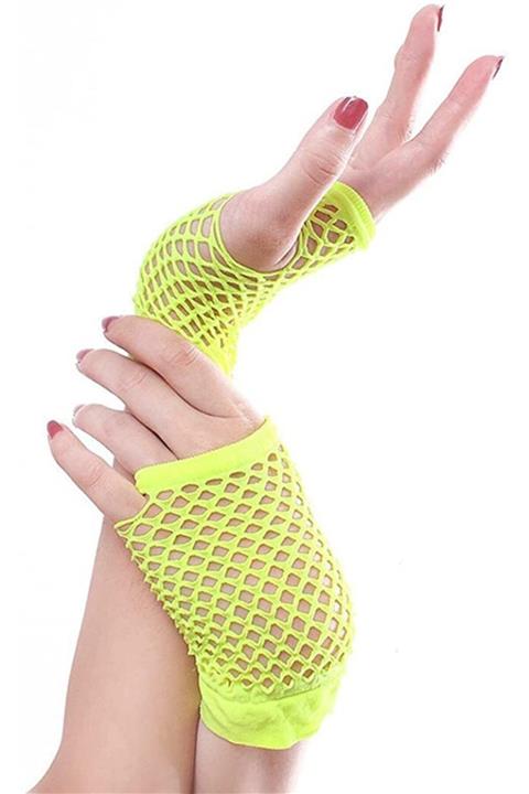 teiracollection Parti Aksesuar Neon Sarı Kısa Boy Fileli Örgü Eldiven