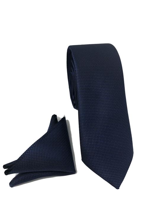 CRWAT ® Erkek Koyu Lacivert Kuşgözü Desenli Slim Mendilli Kravat