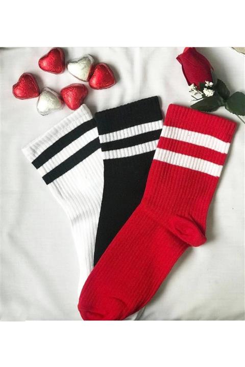çorapkolik 3'lü Unisex Renkli Çizgli Pamuklu Tenis Kolej Çorap