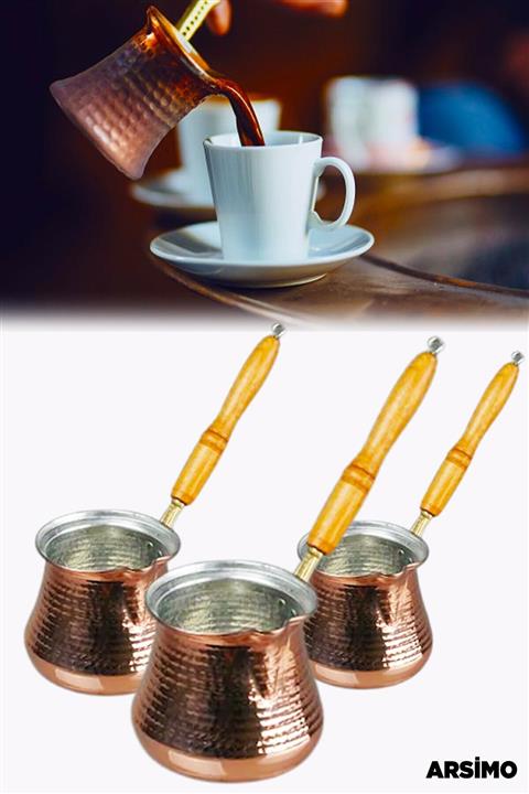 Arsimo 3'lü Bakır Türk Kahvesi Cezve Seti Ahşap Saplı