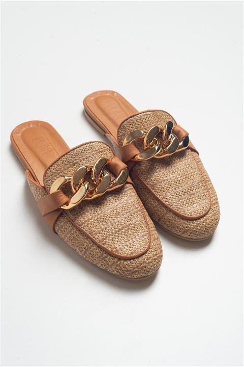 LuviShoes 310 Hakiki Deri Taba Hasır Kadın Terlik