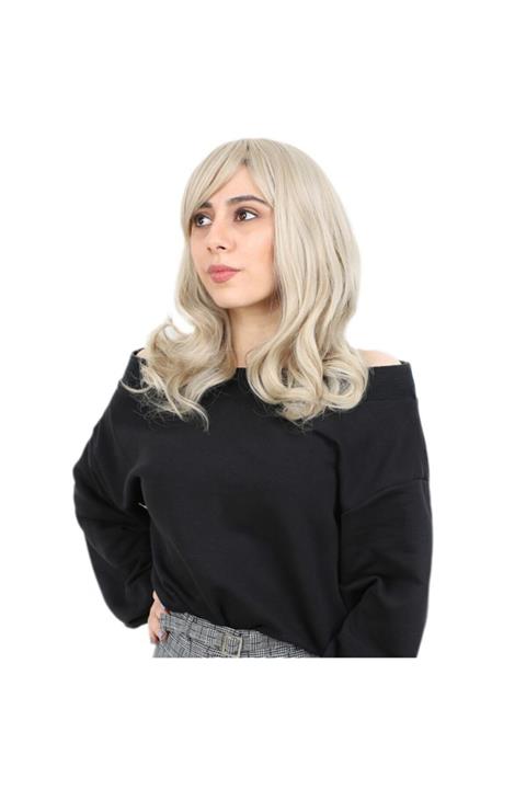 Peruk Market Balköpüğü Platin Röfleli Dalgalı Perçemli Orta Boy Fiber Sentetik Peruk