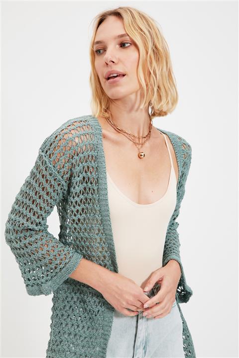 TRENDYOLMİLLA Mint Uzun Ajurlu Püsküllü Triko Hırka TWOAW22HI0720