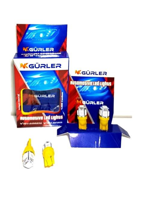 gürlerotoaksesuar 5 Adet T10 Led Ampül Sarı(Turuncu) Renk 12v 5w 5 Ledli Park Plaka Tavan Aydınlatma