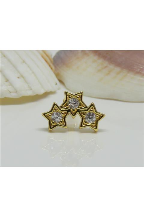 Işıl Işıl Cerrahi Çelik Gold Zirkon Taşlı Küpe, Piercing, Kıkırdak, Tragus, Üç Yıldızlı