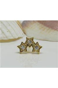 Işıl Işıl Cerrahi Çelik Gold Zirkon Taşlı Küpe, Piercing, Kıkırdak, Tragus, Üç Yıldızlı