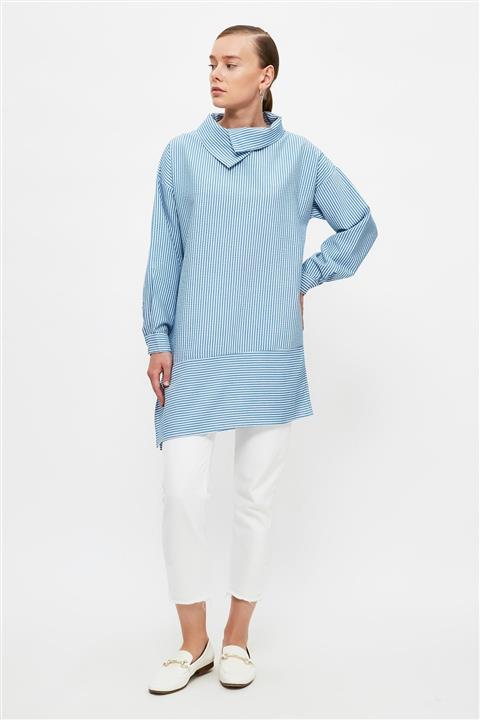 Trendyol Modest Mavi Fular Yaka Çizgili Tesettür Tunik TCTSS21TN0372