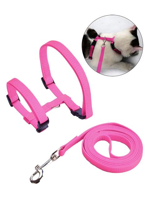 Truego Ayarlanabilir Kedi Bel (Gögüs) Ve Gezdirme Tasma Seti Pembe