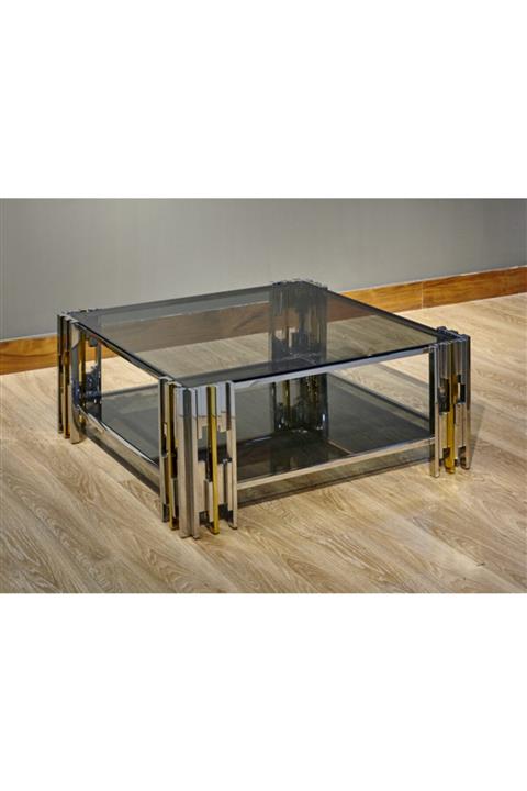 LAMEDORE Waller Kahve Masası Sılver Gold Cıft Camlı 100x100x43 Cm