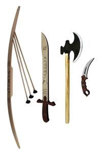 NORTHSTARSTORE Ahşap Oyuncak Seti Süper 4'lü Set, Ahşap Ok Yay Balta Karambit Kılıç Seti