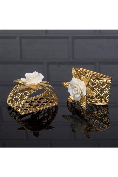 çilekev Altın Dekoratif Beyaz Çiçekli Halka Peçetelik