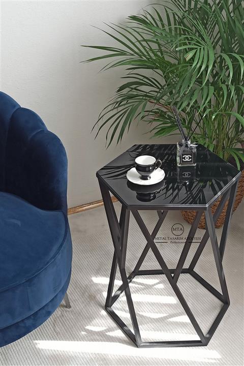 METAL TASARIM ATÖLYESİ Chelsea Metal Ayaklı Aynalı Camlı Dekoratif Yan Sehpa & Ofis Sehpası & Laptop Sehpası Siyah - Siyah