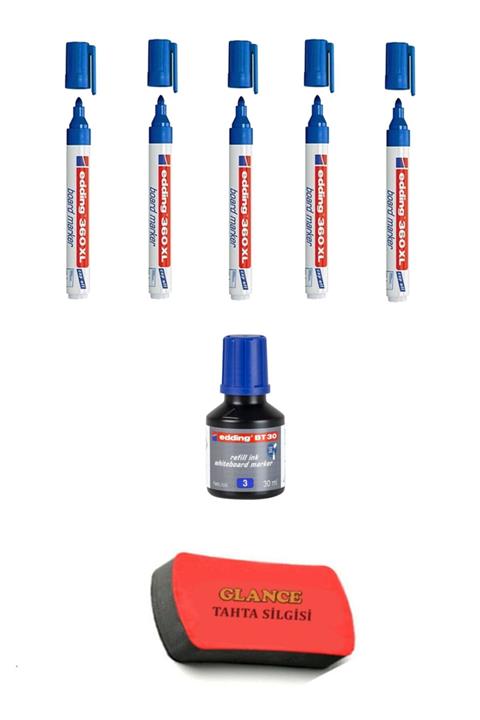 GLANCE Edding 360 Xl Doldurulabilir Tahta Kalemi 5'li Mavi Ve Mürekkep Seti Tahta Silgi Hediyeli