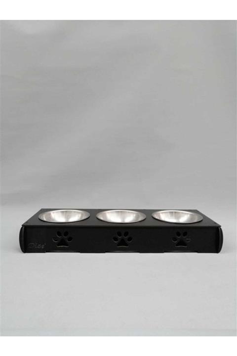 DİZE Ahşap Gövde Paslanmaz Çelik Kap Üç Hazneli Kedi Ve Köpek Için Mama Ve Su Kabı