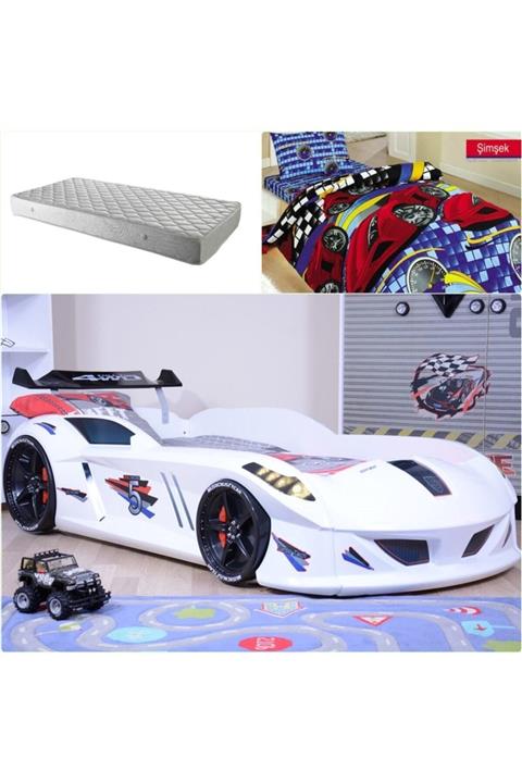 Setay Jaguar Arabalı Yatak Rüzgarlıklı Beyaz + Ortopedik Yatak + Nevresim