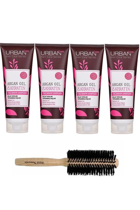 Urban Keratin Ve Argan Yağlı Şampuan 250 ml 4 Adet Ve Doğal Saç Fırçası
