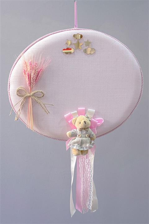 KONFETİ SÜS Kapı Süsü Oval Bebek Odası Duvar Süsü Keten Pembe Kurdeleli Ve Yıldız - Bulut Süslemeli