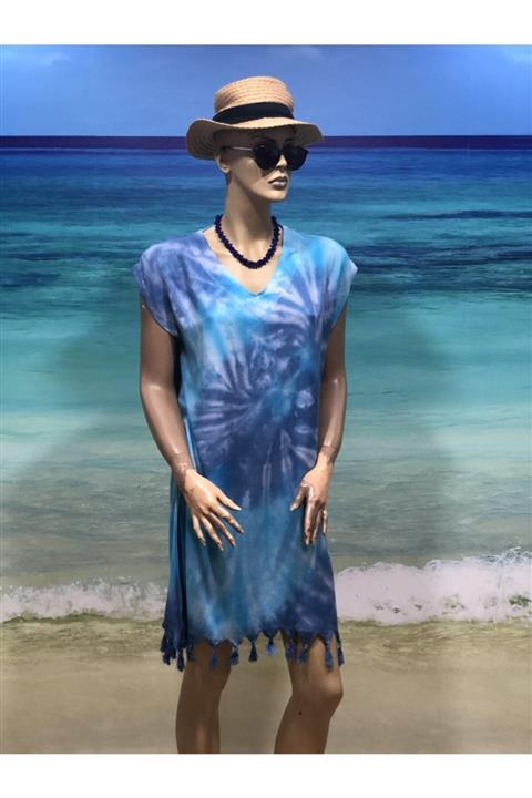 TARZ PEŞTEMAL Kadın  Mavi Batik Desenli Peştemal Elbise