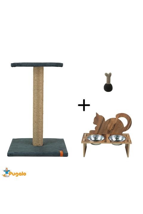 PUGALO Catnipli Platform Tırmalama Ahşap Mama Su Kabı & Catnipli El Örgüsü Kedi Oyuncağı (lacivert)