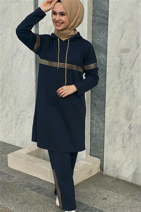 CNG MODA Kadın Lacivert Kapüşonlu Sim Şeritli Eşofman