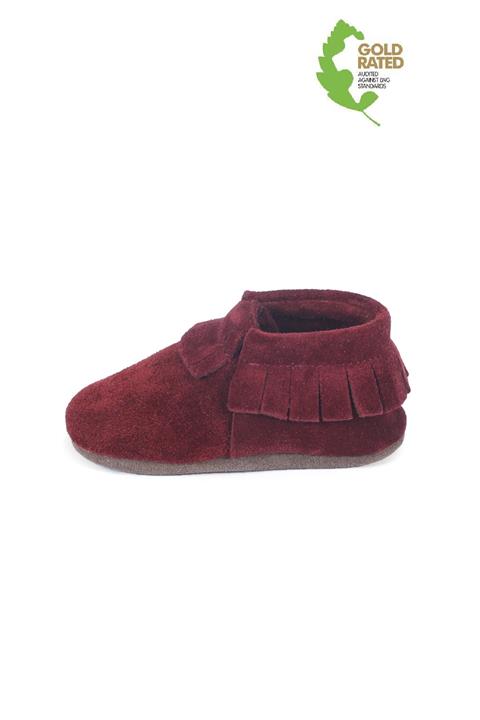 YoYo Junior Hakiki Deri Bordo Süet Püskül Detaylı Bebek Patik