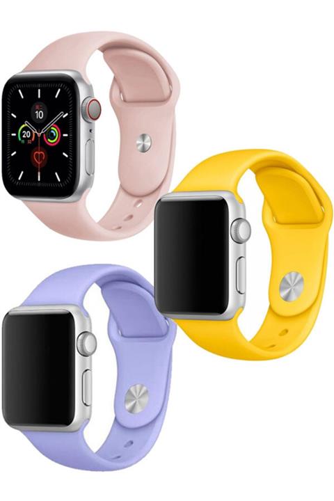 Apple Watch 1 2 3 4 5 6 Se 38 - 40 Mm Klasik Spor Silikon Kordon Pembe Sarı Lila Set