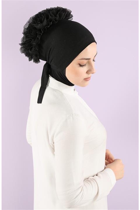 kuayscarfs Kadın Siyah Yeni Sezon Dikişsiz Fırfırlı Bone