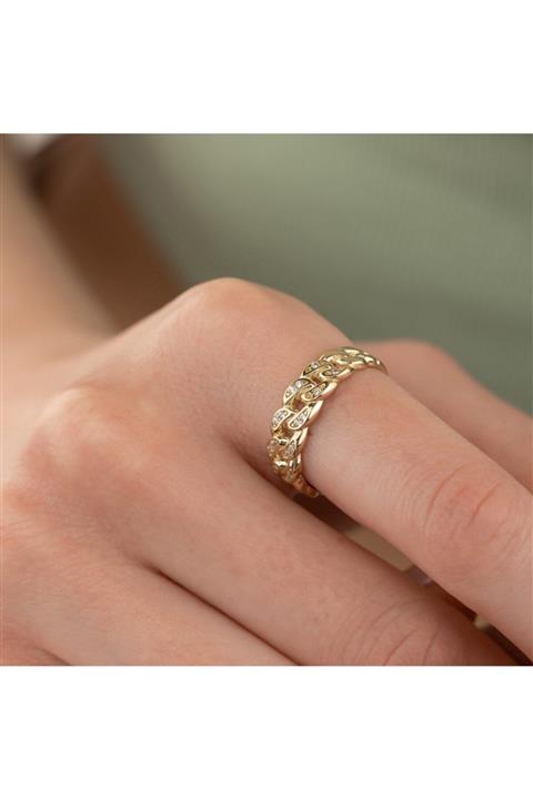 ELEF JEWELLERY Zincir Formlu Taşlı 14 Ayar Altın Yüzük Sarı 15
