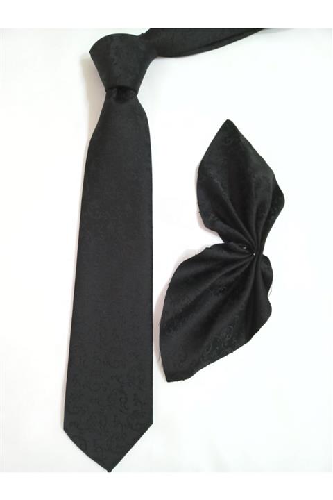 Falco Doro Erkek Siyah Şal Desenli Mendilli Kravat